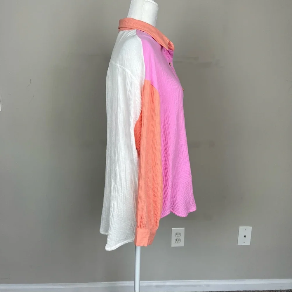 ENTRO COLOR BLOCK BUTTON UP COLLARED COTTON GAUZY TOP SIZE SMALL - Picture 10 of 15